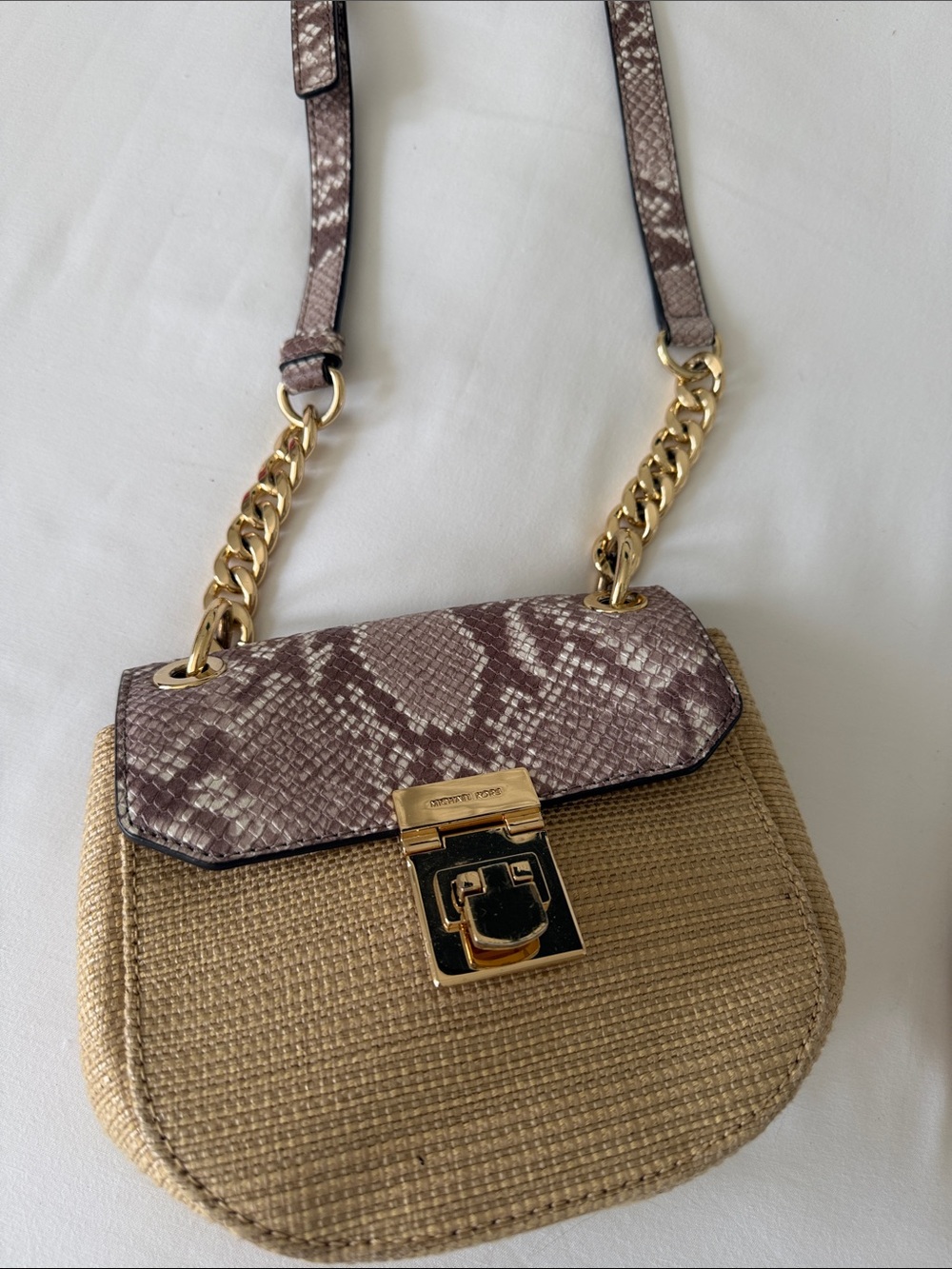 Michael Kors Beige Straw Crossbody with Snake-Print Flap and Gold Chain